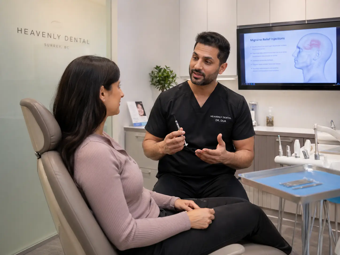 Patient receiving migraine relief injection consultation at Heavenly Dental in Surrey BC